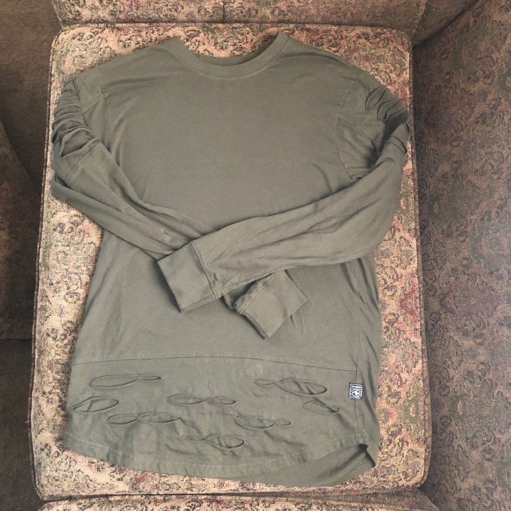 -Distressed Green Long Sleeve Shirt